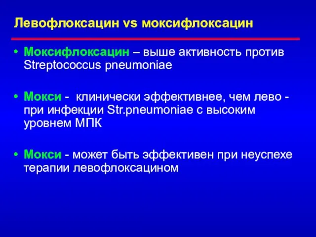 Левофлоксацин vs моксифлоксацин Моксифлоксацин – выше активность против Streptococcus pneumoniae Мокси