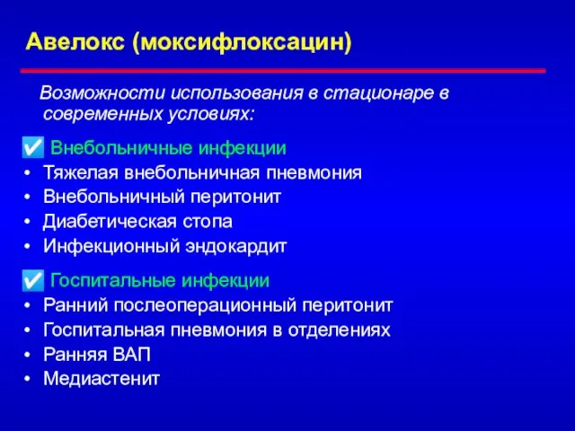 Авелокс (моксифлоксацин) Возможности использования в стационаре в современных условиях: ☑ Внебольничные