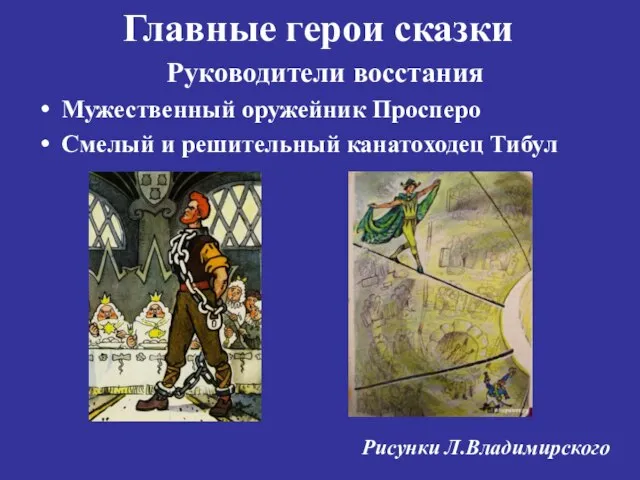 Главные герои сказки Руководители восстания Мужественный оружейник Просперо Смелый и решительный канатоходец Тибул Рисунки Л.Владимирского