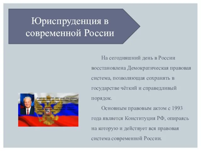 Юриспруденция в современной России На сегодняшний день в России восстановлена Демократическая