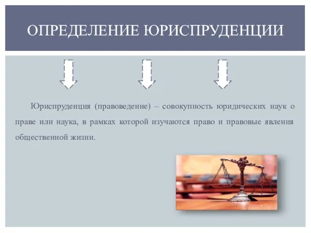 ОПРЕДЕЛЕНИЕ ЮРИСПРУДЕНЦИИ Юриспруденция (правоведение) – совокупность юридических наук о праве или