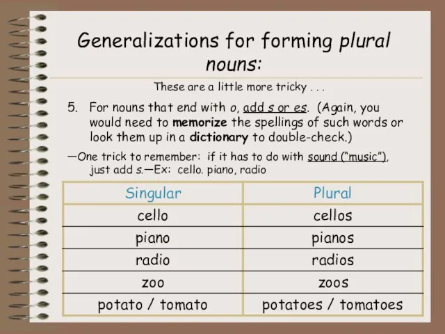 Generalizations for forming plural nouns: These are a little more tricky