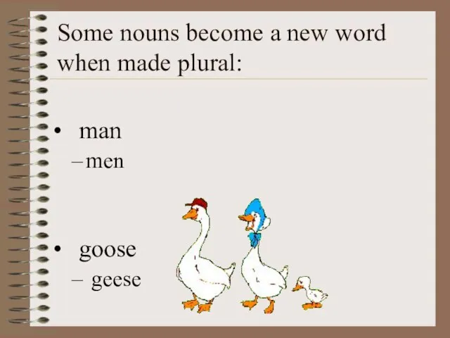 Some nouns become a new word when made plural: man men goose geese