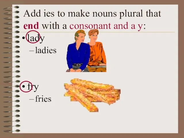 Add ies to make nouns plural that end with a consonant