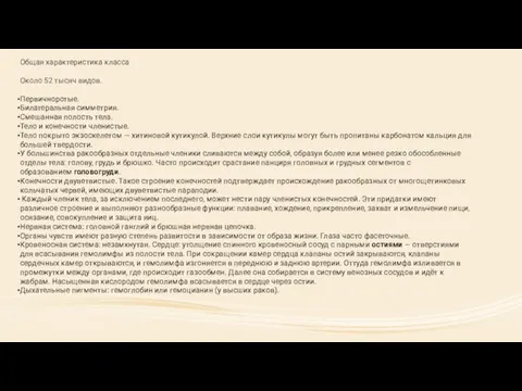 Общая характеристика класса Около 52 тысяч видов. Первичноротые. Билатеральная симметрия. Смешанная