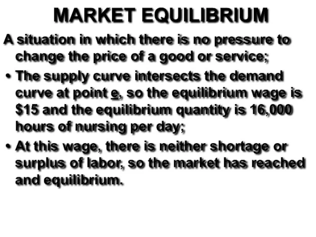 MARKET EQUILIBRIUM A situation in which there is no pressure to