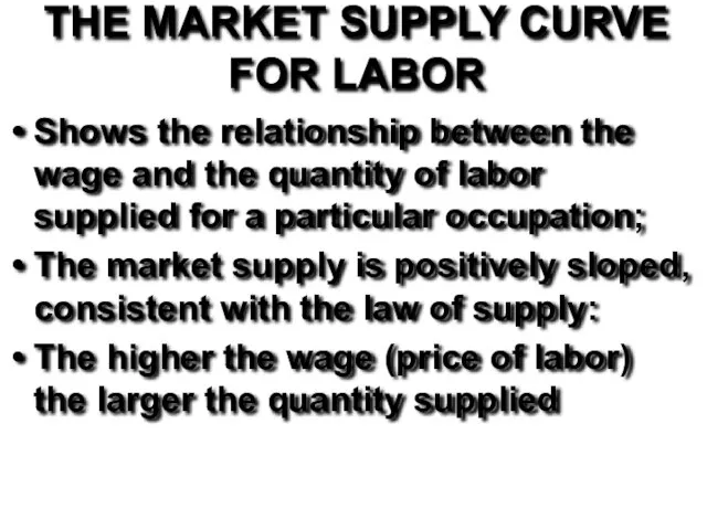 THE MARKET SUPPLY CURVE FOR LABOR Shows the relationship between the