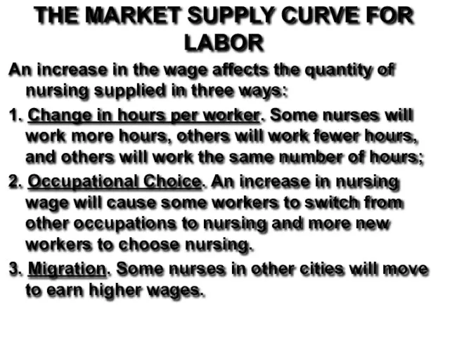 THE MARKET SUPPLY CURVE FOR LABOR An increase in the wage