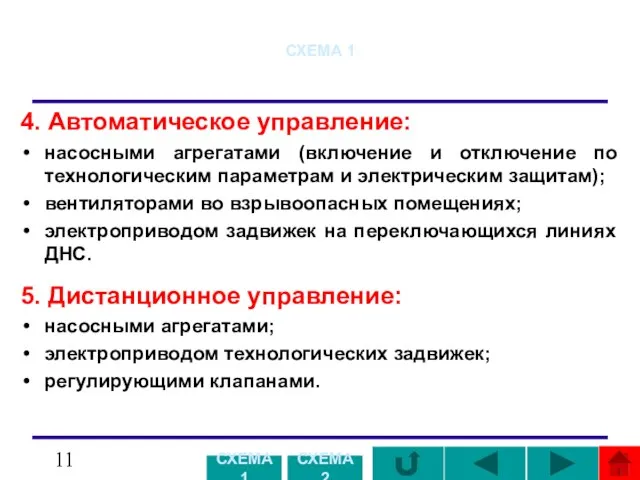 СХЕМА 1 4. Автоматическое управление: насосными агрегатами (включение и отключение по