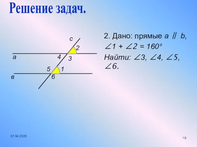 2. Дано: прямые a ∥ b, ∠1 + ∠2 = 160⁰