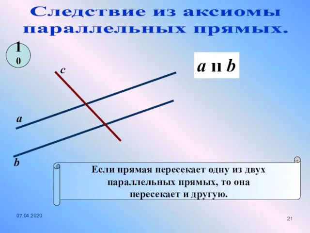 Следствие из аксиомы параллельных прямых. Если прямая пересекает одну из двух