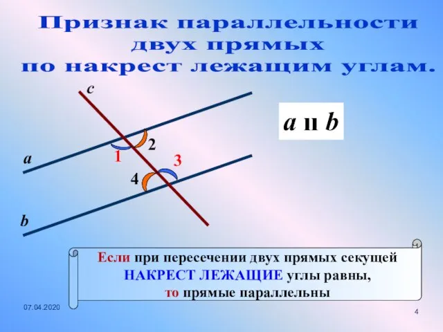 Признак параллельности двух прямых по накрест лежащим углам. 1 с 2