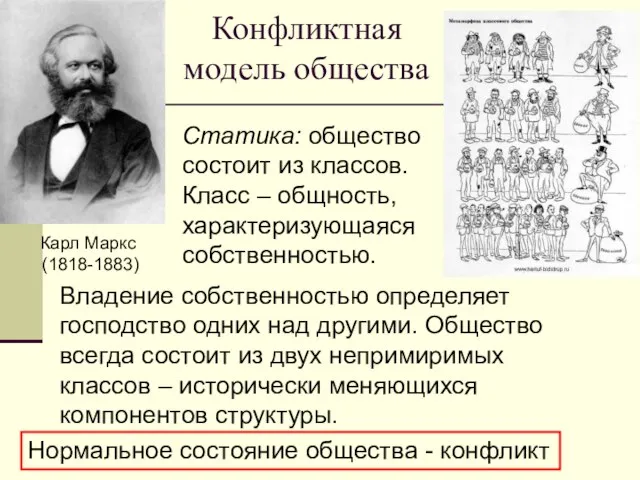 Конфликтная модель общества Владение собственностью определяет господство одних над другими. Общество