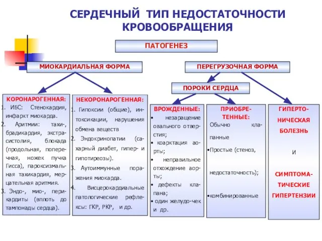 СЕРДЕЧНЫЙ ТИП НЕДОСТАТОЧНОСТИ КРОВООБРАЩЕНИЯ ПАТОГЕНЕЗ МИОКАРДИАЛЬНАЯ ФОРМА ПЕРЕГРУЗОЧНАЯ ФОРМА КОРОНАРОГЕННАЯ: ИБС: