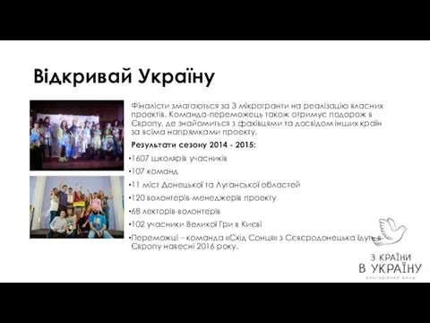 Відкривай Україну Фіналісти змагаються за 3 мікрогранти на реалізацію власних проектів.