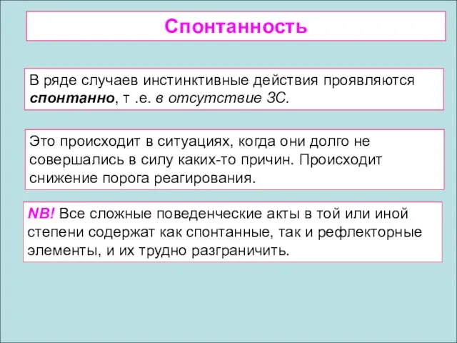 Спонтанность В ряде случаев инстинктивные действия проявляются спонтанно, т .е. в