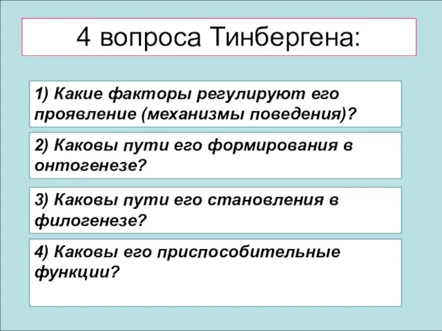 4 вопроса Тинбергена: 1) Какие факторы регулируют его проявление (механизмы поведения)?