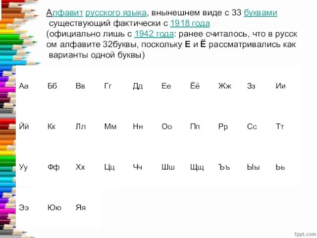 Алфавит русского языка, внынешнем виде с 33 буквами существующий фактически с