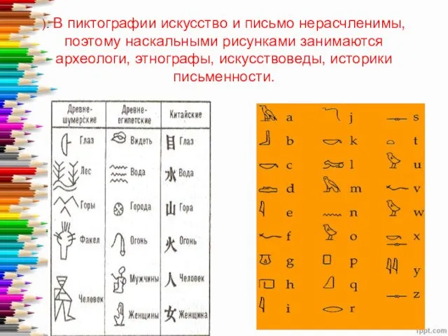 ). В пиктографии искусство и письмо нерасчленимы, поэтому наскальными рисунками занимаются археологи, этнографы, искусствоведы, историки письменности.