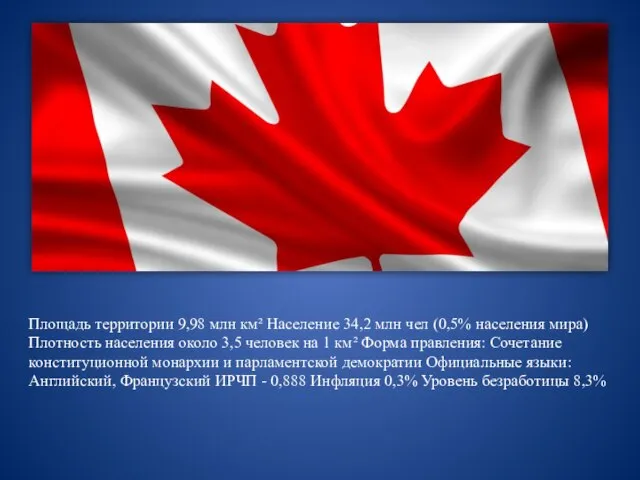 Площадь территории 9,98 млн км² Население 34,2 млн чел (0,5% населения