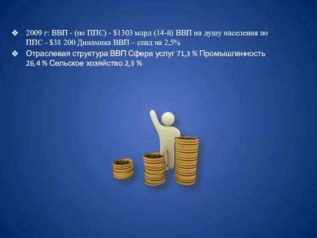 2009 г: ВВП - (по ППС) - $1303 млрд (14-й) ВВП