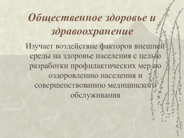 Общественное здоровье и здравоохранение Изучает воздействие факторов внешней среды на здоровье