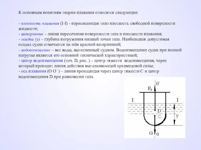 К основным понятиям теории плавания относятся следующие: - плоскость плавания (I-I)