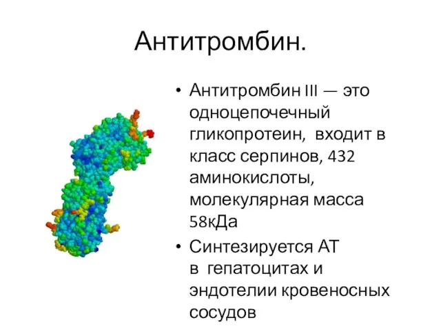 Антитромбин. Антитромбин III — это одноцепочечный гликопротеин, входит в класс серпинов,