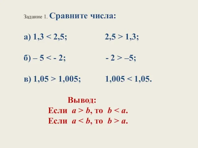 Задание 1. Сравните числа: а) 1,3 1,3; б) – 5 –5;
