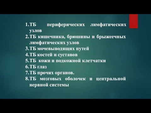 ТБ периферических лимфатических узлов ТБ кишечника, брюшины и брыжеечных лимфатических узлов