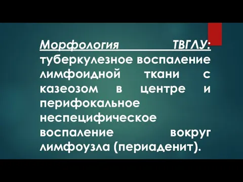 Морфология ТВГЛУ: туберкулезное воспаление лимфоидной ткани с казеозом в центре и