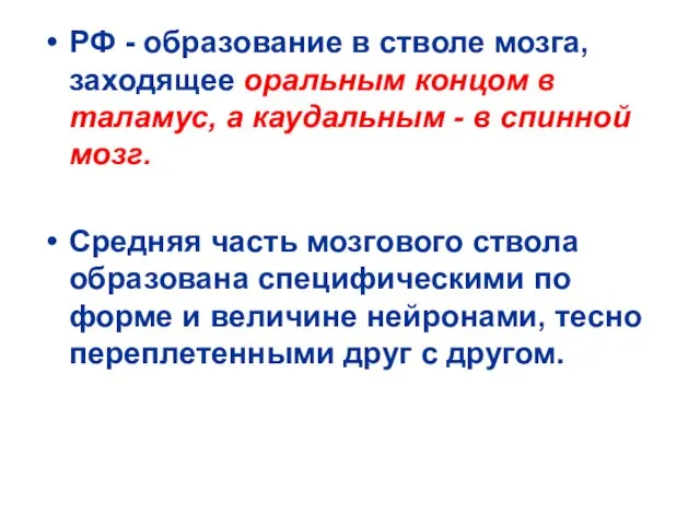 РФ - образование в стволе мозга, заходящее оральным концом в таламус,