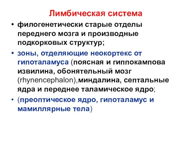 Лимбическая система филогенетически старые отделы переднего мозга и производные подкорковых структур;