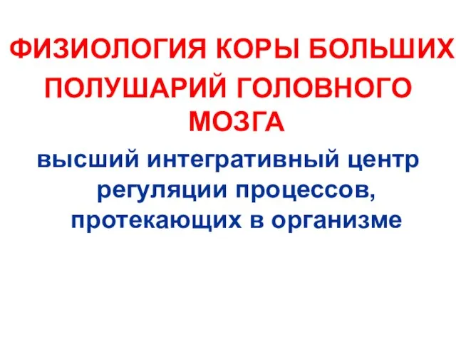 ФИЗИОЛОГИЯ КОРЫ БОЛЬШИХ ПОЛУШАРИЙ ГОЛОВНОГО МОЗГА высший интегративный центр регуляции процессов, протекающих в организме