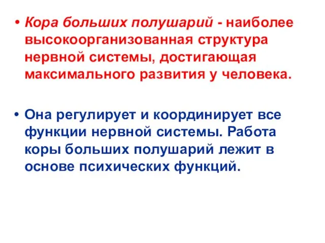 Кора больших полушарий - наиболее высокоорганизованная структура нервной системы, достигающая максимального