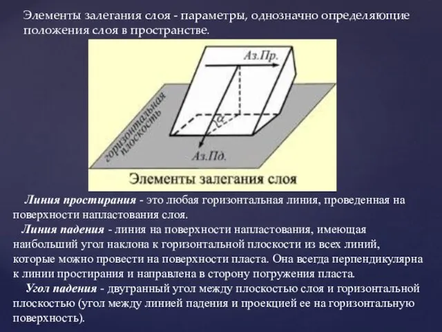 Линия простирания - это любая горизонтальная линия, проведенная на поверхности напластования