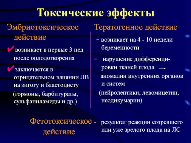 Токсические эффекты Эмбриотоксическое действие ✔возникает в первые 3 нед после оплодотворения