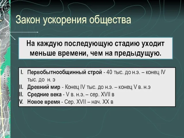 Закон ускорения общества На каждую последующую стадию уходит меньше времени, чем