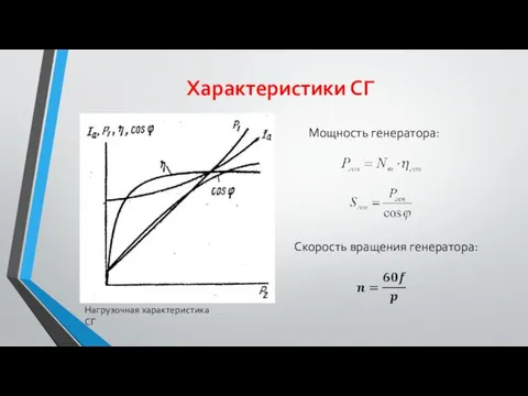 Характеристики СГ Нагрузочная характеристика СГ Скорость вращения генератора: Мощность генератора: