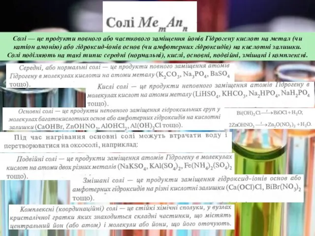 Солі — це продукти повного або часткового заміщення йонів Гідрогену кислот