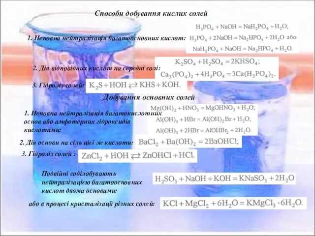 1. Неповна нейтралізація багатоосновних кислот: 2. Дія відповідних кислот на середні