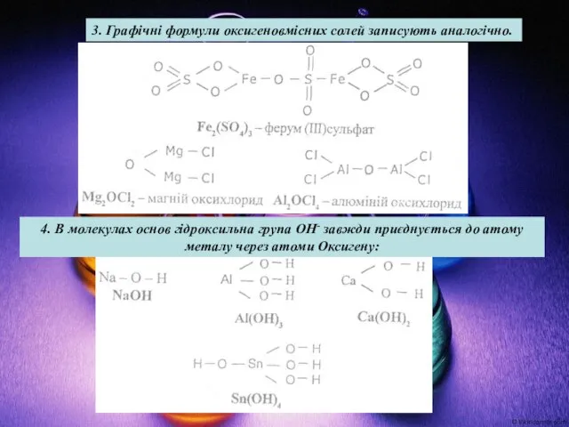 3. Графічні формули оксигеновмісних солей записують аналогічно. 4. В молекулах основ