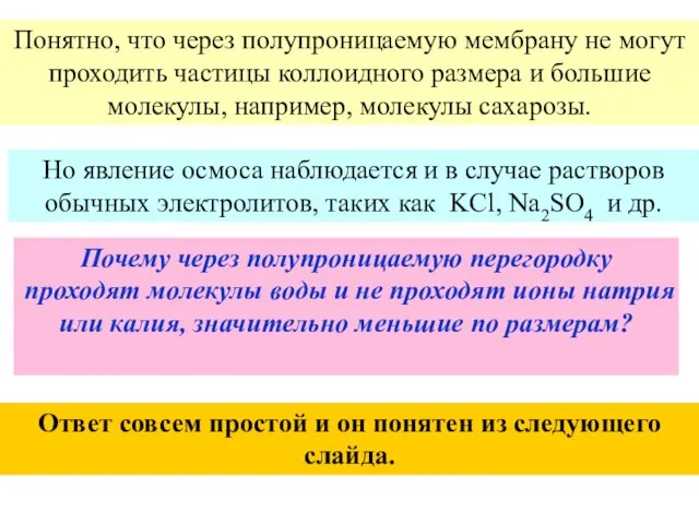 Понятно, что через полупроницаемую мембрану не могут проходить частицы коллоидного размера