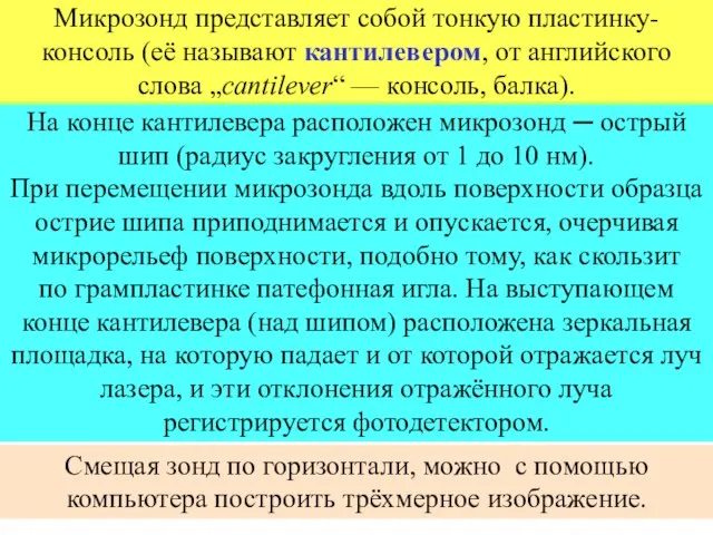 На конце кантилевера расположен микрозонд ─ острый шип (радиус закругления от