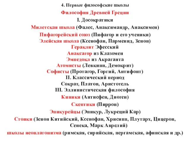 4. Первые философские школы Философия Древней Греции I. Досократики Милетская школа