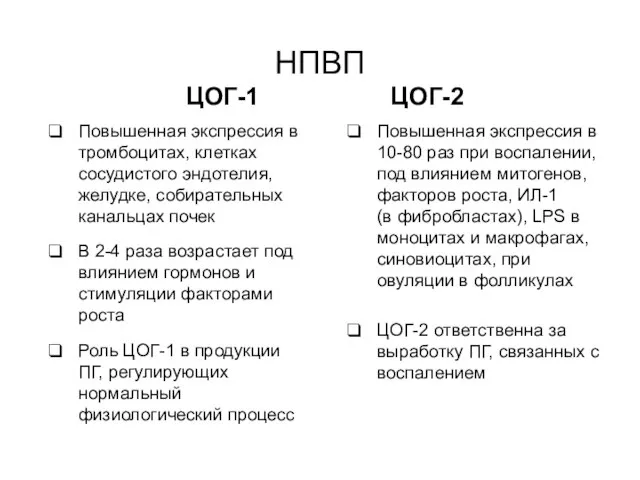 ЦОГ-1 ЦОГ-2 Повышенная экспрессия в тромбоцитах, клетках сосудистого эндотелия, желудке, собирательных