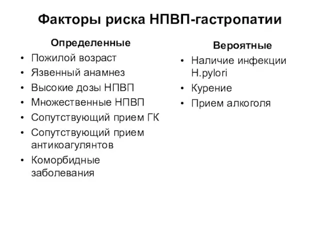 Факторы риска НПВП-гастропатии Определенные Пожилой возраст Язвенный анамнез Высокие дозы НПВП