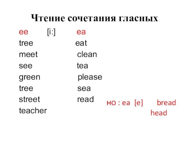 Чтение сочетания гласных ee [i:] ea tree eat meet clean see