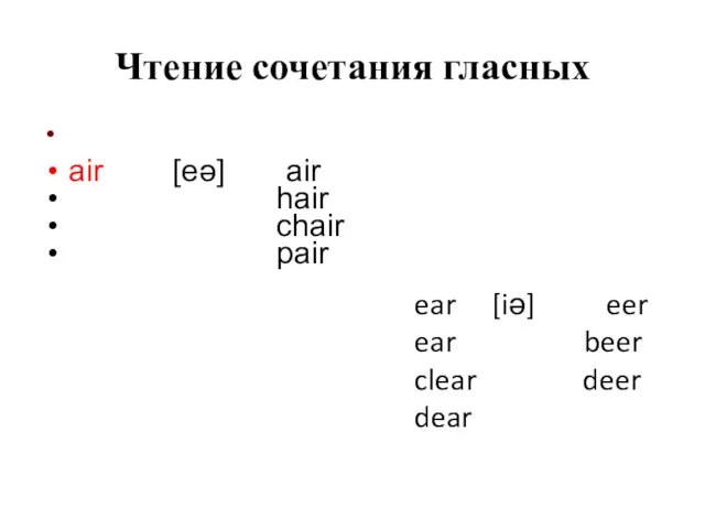 Чтение сочетания гласных air [eə] air hair chair pair ear [iə]