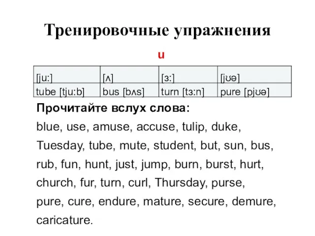 Тренировочные упражнения u Прочитайте вслух слова: blue, use, amuse, accuse, tulip,